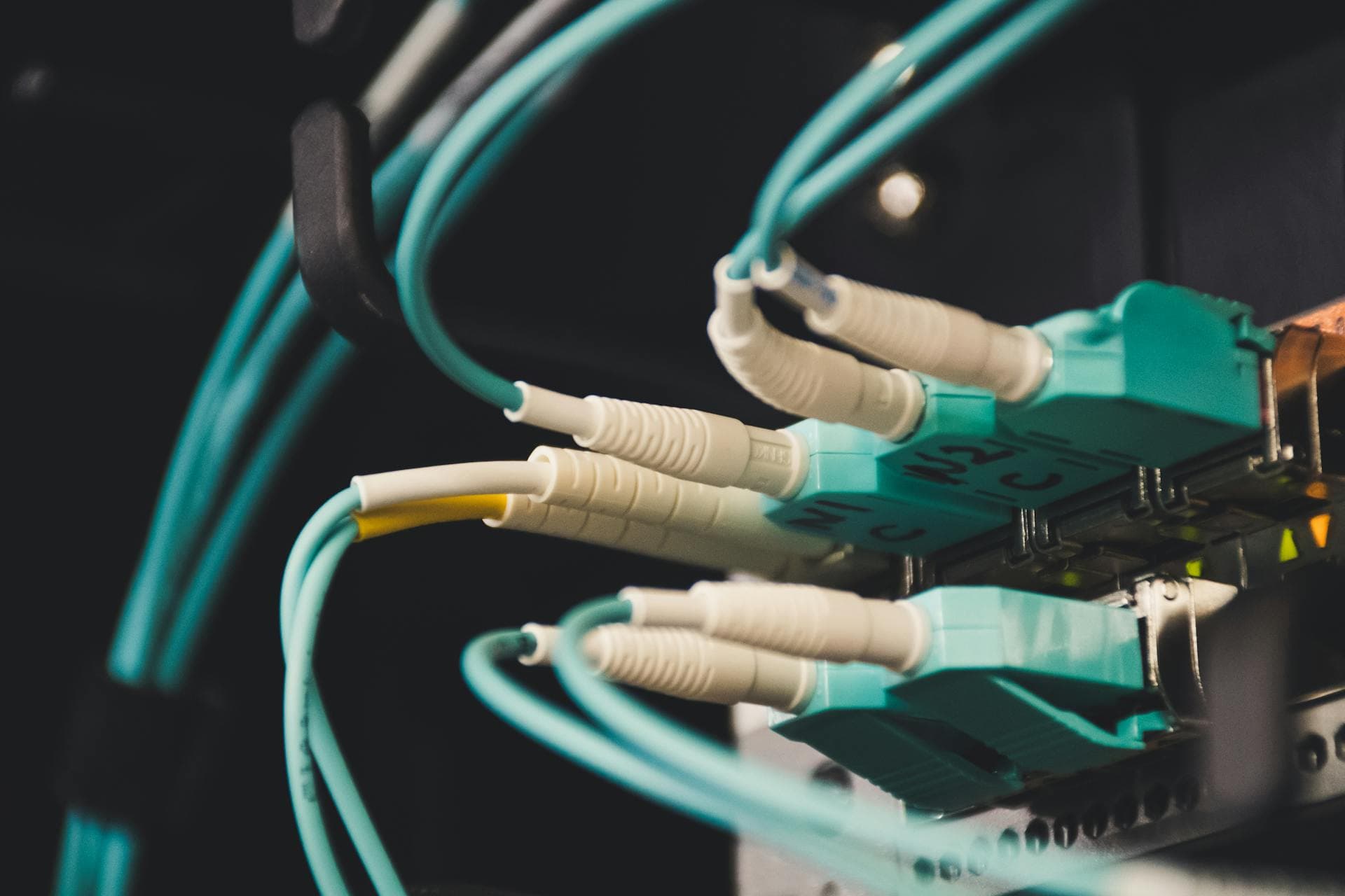 Patch panel with fiber optic cables, representing the connectivity layer EDI documents flow across between trading partners