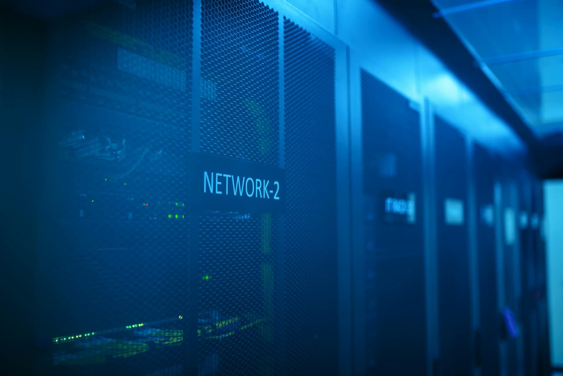 Network rack at a data centre, representing the connectivity layer Nascaps operates on top of
