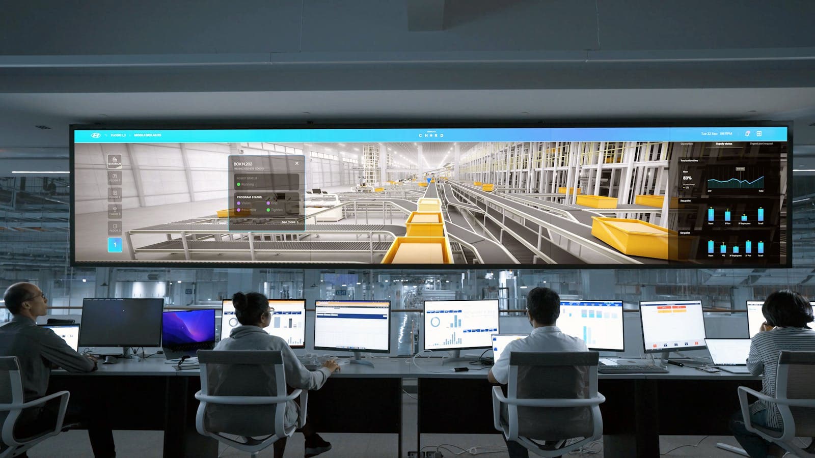 Operations team at workstations monitoring a large central dashboard showing real-time warehouse activity.